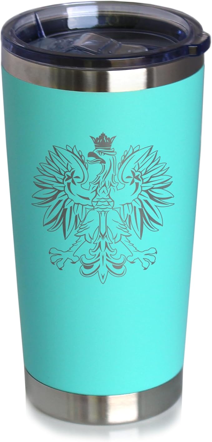 Bevvee Polish Eagle - Insulated Coffee Tumbler Cup with Sliding Lid - Stainless Steel Travel Mug - Poland Gifts or Party Decor for Polish Women and Men - Teal