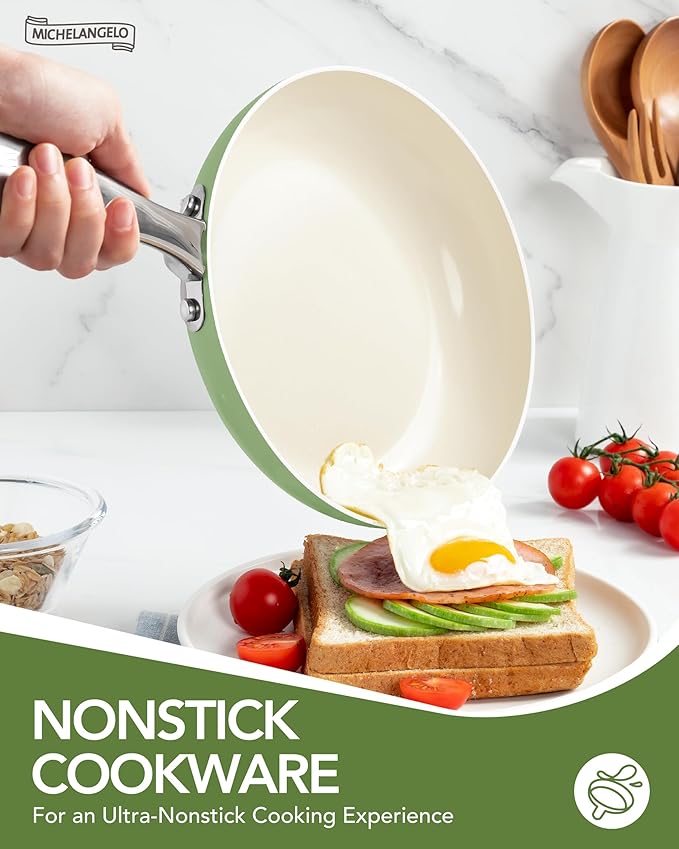 MICHELANGELO Pots and Pans Set Non Stick - Titanium Cookware Set Non Toxic Ceramic Coating, 8-Pcs Nonstick Pots and Pans with Ergonomic Handle, Dishwasher Safe & Induction Compatible, Green