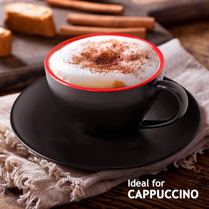 MIAMIO - Set of 6, Ceramic Stackable Cappuccino Cups Set / 6 Ounce Cappuccino Mugs and Saucer with Metal Stand for Coffee Drinks, Cafe, Latte, Americano and Tea - Le Papillon Collection (Red)