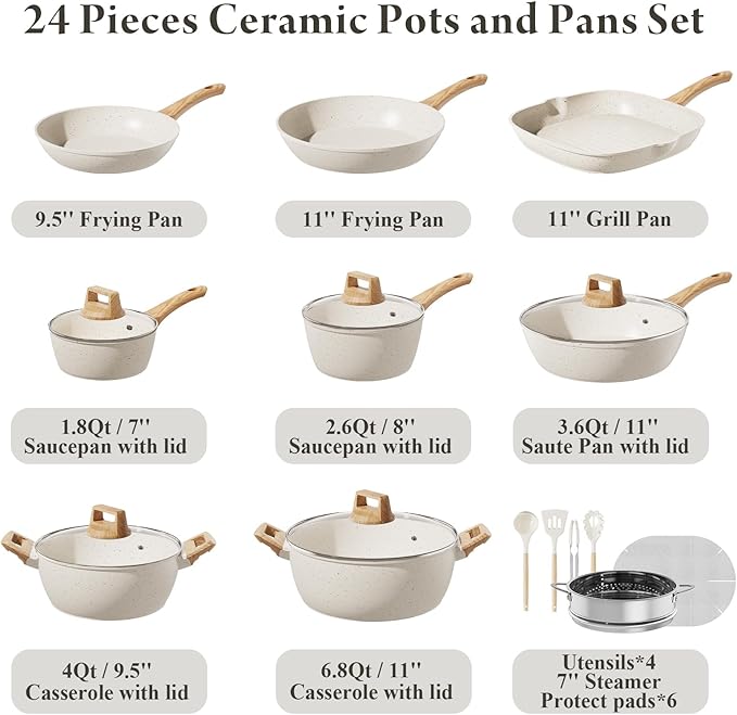 24 Pcs Pots and Pans Set Non Stick Ceramic Cookware Set,Healthy Non Toxic Kitchen Cookware Sets with Large Capacity,Induction Compatible,PFAS/PTFE/PFOA/PFOS Free,Cream White