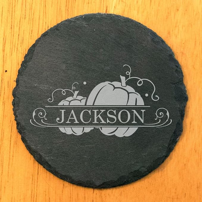 Personalized Monogram Family Coasters, Natural Stone Set, Birthday, Wedding, Customized, Rustic - Round Slate - Set of 5