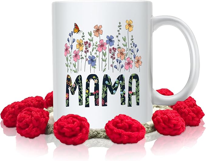 "MAMA Ceramic Flower Mug Christmas with Handmade Crochet Rose Coaster – 1st Mother’s Day Gift – 11oz Tea/Coffee Mug with Floral Design for Moms
