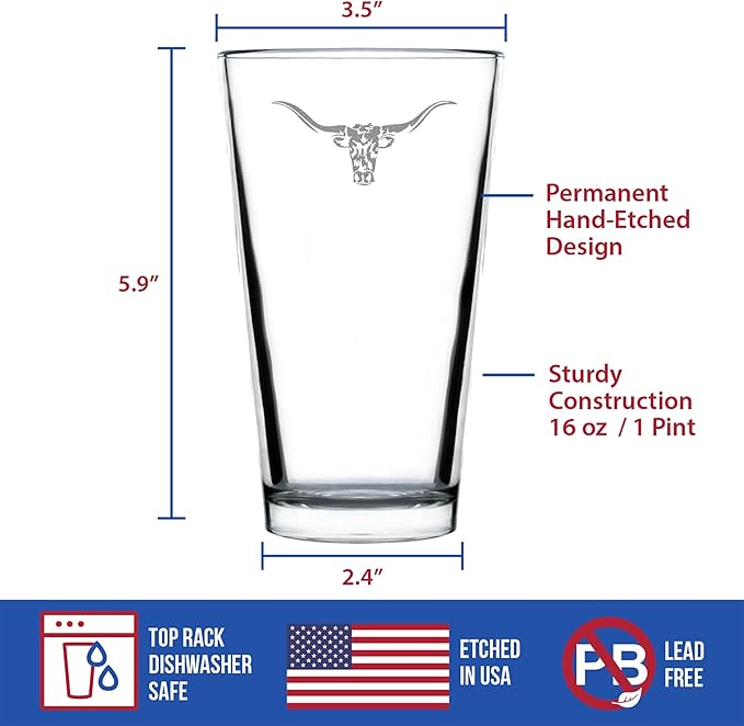 Custom Longhorn Pint Glass for Beer - Western Themed Farm Decor and Gifts for Texan Ranchers - 16 Oz Glasses