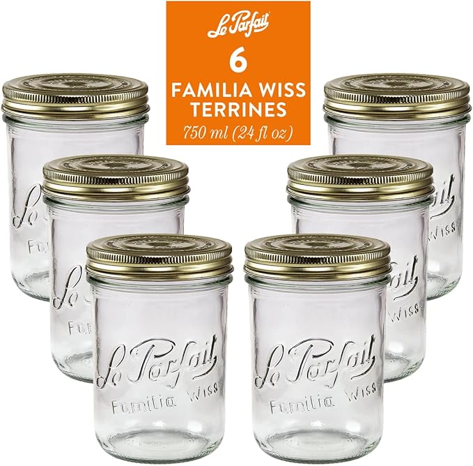 Le Parfait Familia Wiss Terrine Wide Mouth French Glass Jar w/Airtight 2-Piece System Gold Lids | Ideal for Food Storage, Canning, Meal Prep, Cake Jar & DIY Crafts | 24oz Pint/Half (Pack of 6) 750ml