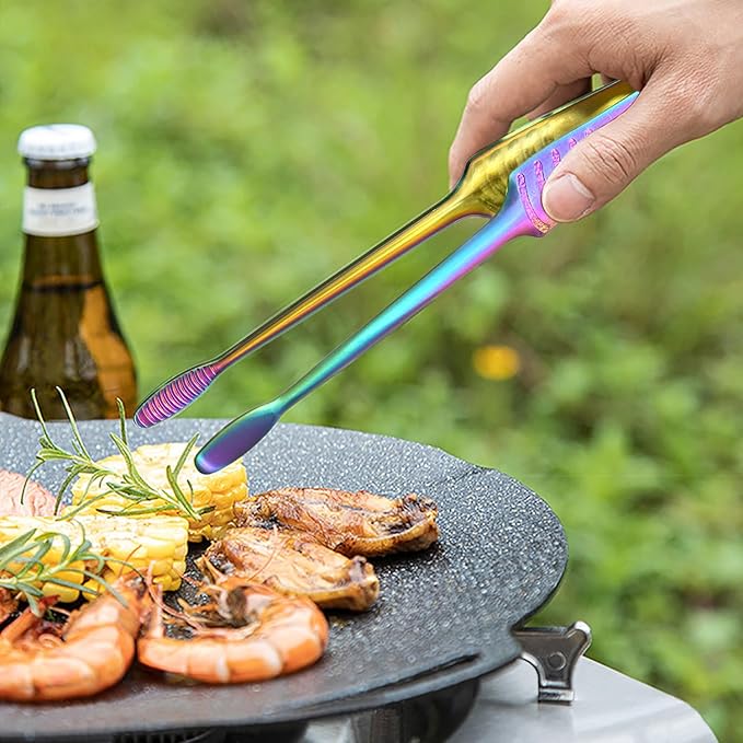 JETKONG Stainless Steel Kitchen Tongs, Serving Tongs for Cooking, 10.6" Metal Food Tongs with Non-Slip Comfort Grip, Non-Stick Cooking Tongs Heat Resistant BBQ Tong Grill Tong (Rainbow)