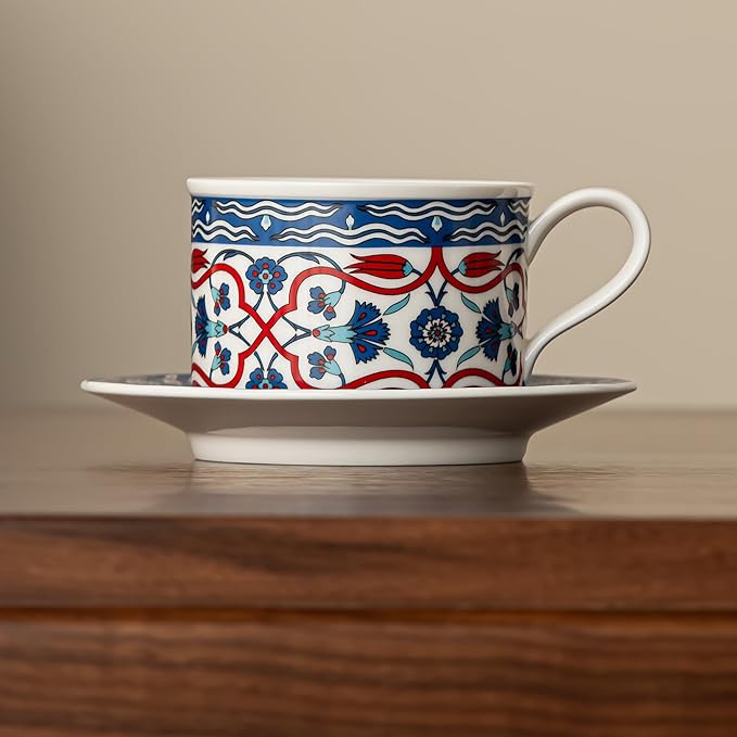 Ceramic Coffee Mug with Saucer 10 OZ Turkish Iznik Rose Flower Porcelain Coffee Cup Set for Home Office Women Men Gifts CM02