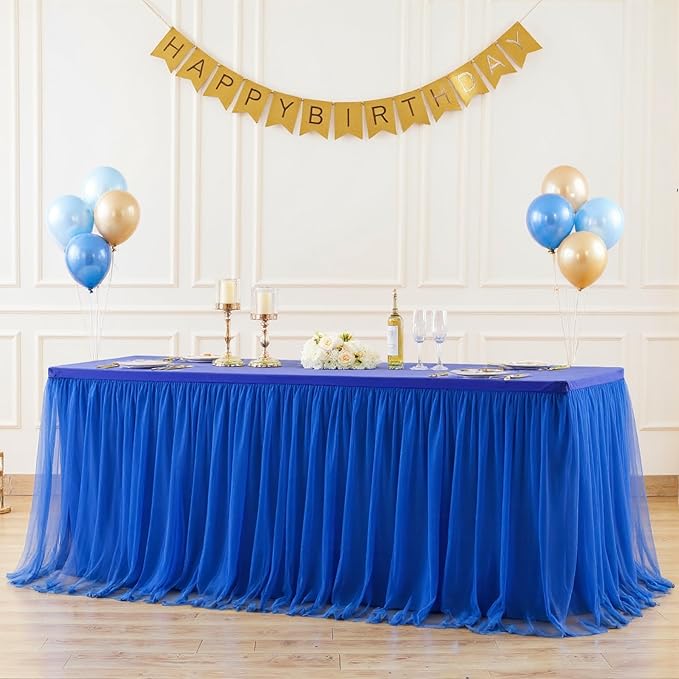 Suppromo Royal Blue Tulle Tablecloth for 4 Foot Rectangular Tables, 48 x 24 Inch White Rectangle Table Cloth, Wrinkle Free Table Cover with Tutu Skirt for Wedding Birthday Party Banquet Tablecover