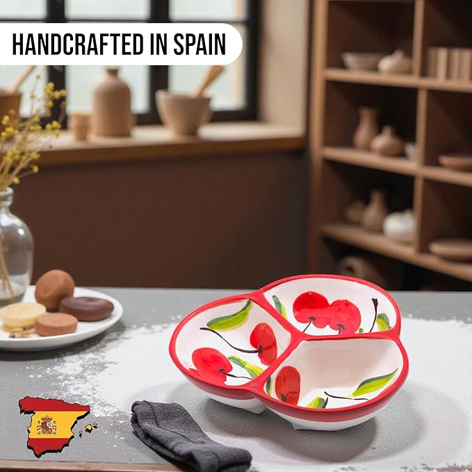 Ceramic Chip & Dip Bowl 7.5”, 3-Compartment Divided Serving Dish & Condiment Tray for Appetizers – Handmade in Spain, Lead-Free Glaze, Microwave, Oven & Dishwasher Safe