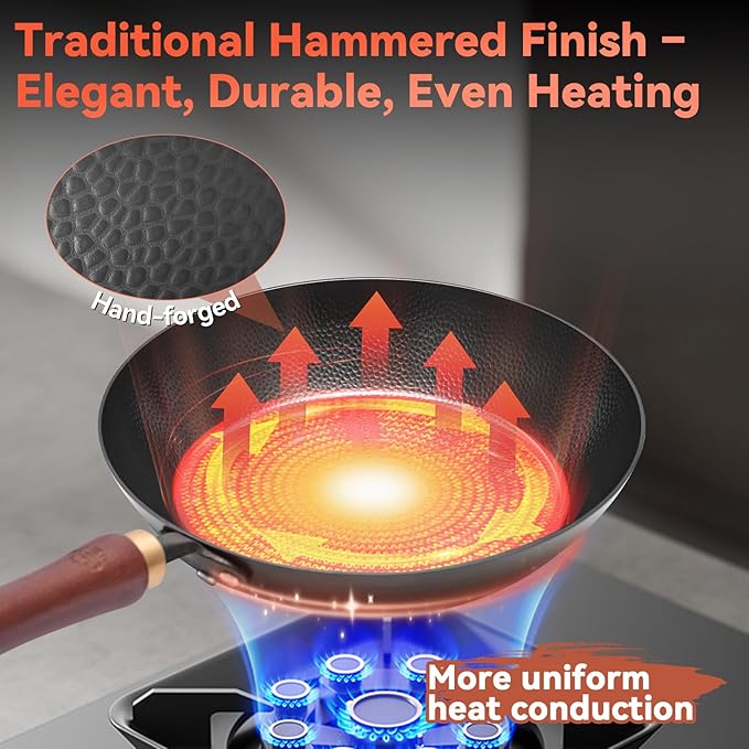 WANGYUANJI 10.2" Iron Skillet with Glass Lid & Spatula, Flat-Bottom Hand-Hammered Frying Pan, Uncoated & Unseasoned Small Iron Wok for Induction, Gas & Electric Stoves