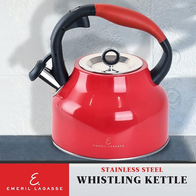 Emeril Lagasse 2.6 Quart/2.5 Liter Whistling Tea Kettle, Stainless Steel Tea Pot for Induction Stove Top, Fast to Boil Water for Home Kitchen Condo, with Ergonomic Cool Grip Handle, Red
