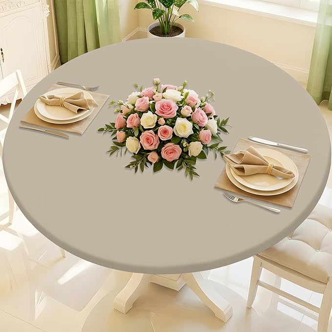 Round Spandex Tablecloth, Elastic Fitted Waterproof Tablecloths for 45"-56" Tables, Stretch Washable Picnic Table Cover for Camping, Dining, Indoor and Outdoor, Taupe