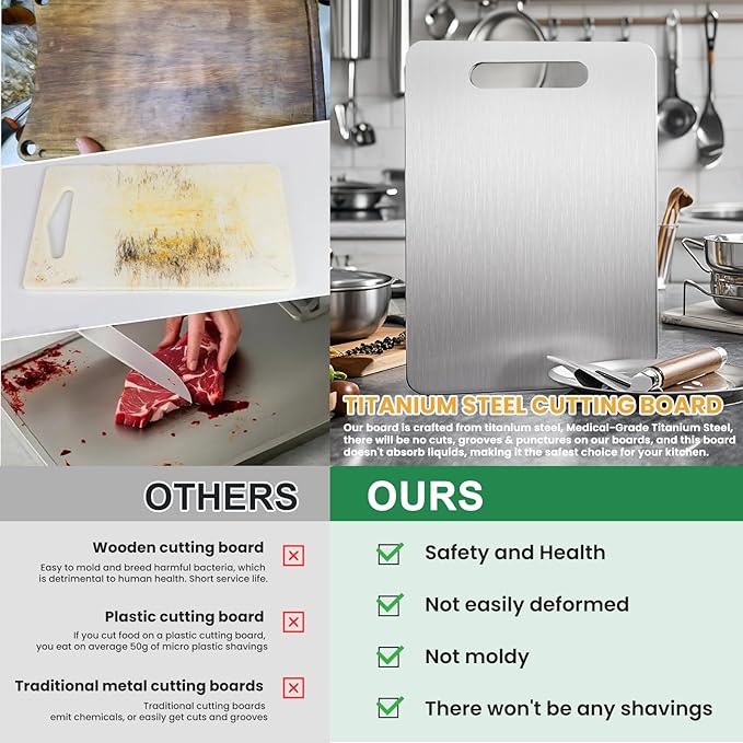 3 Pack, 100% Pure Titanium Cutting Board - Non-Slip Kitchen Chopping Board, Dishwasher Safe, Scratch Resistant, Easy to Clean, Durable & Hygienic for Meat, Vegetables, and Fruits (M+L+XL）