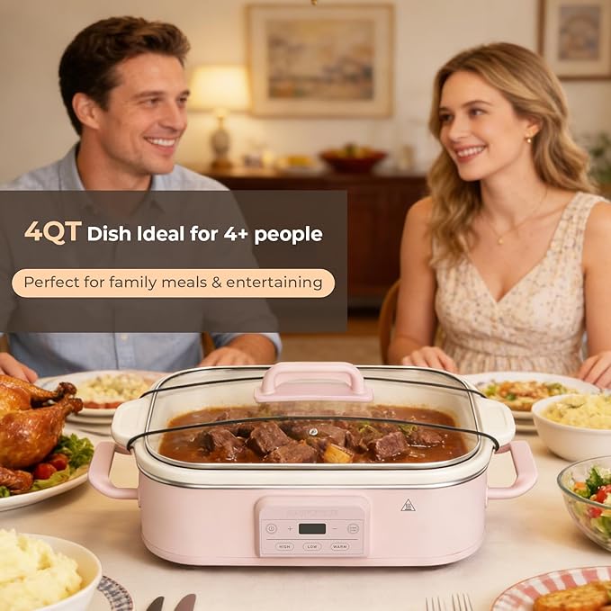 4 Quart Casserole Programmable Slow Cooker with Ceramic Baking Dish - Perfect Kitchen Small Appliance for Family Dinners, Oven Safe and Durable Bakeware for Lasagna, Roasts (Pink)