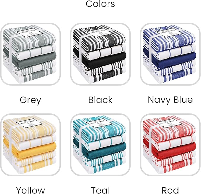 Cotton Clinic Assorted Kitchen Towels 5 Pack – Soft Absorbent Quick Drying Table & Kitchen Linen - Dish Towels, Dish Cloths, Tea Towel and Cleaning Towel with Hanging Loop – 16x28 / Navy White