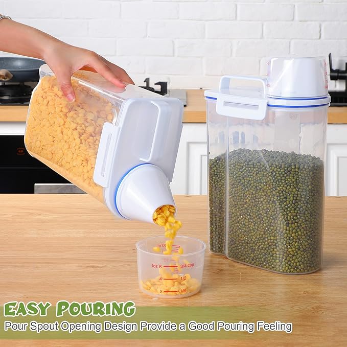 Rice Storage Bin 4 Pcs Cereal Containers Dispenser with Measuring Cup Plastic Storage Containers with Lids Kitchen Bin Rice Holder Food Sets for Flour Cereal, 2.5 l
