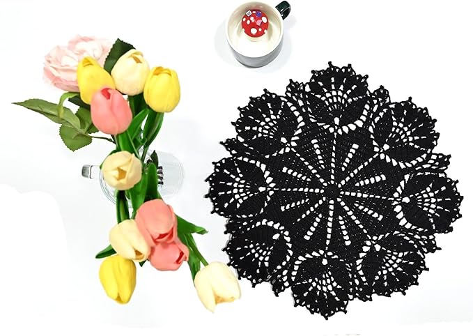 BIBITIME Tulip Flower Doilies Lace Doilies Kitchen Table Doily Mats Tablecloth Handmade Crochet Placemats Vase Dish Plate Mat (1 PC- 15 inches- 16 inches, Black)