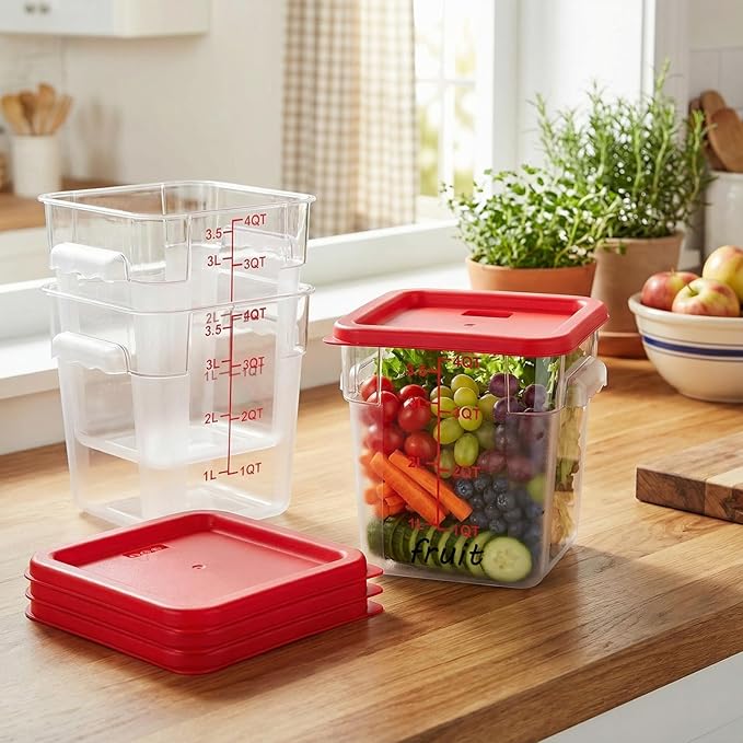 1 Pcs 4 Qt Square Food Storage Container with Lid, Clear Plastic Container with Lid and Scale in Green, Kitchen Organization Set for Home Kitchen, Restaurant Meal Prep (Red)
