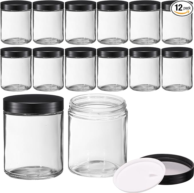 12 Pcs 8 oz Glass Jars with Lids, Clear Candle Jars with Black Lids Round Empty Candles Container Tins for Candle Making Storing Lotions Spice Powder Liquid Sample Makeup (Clear)
