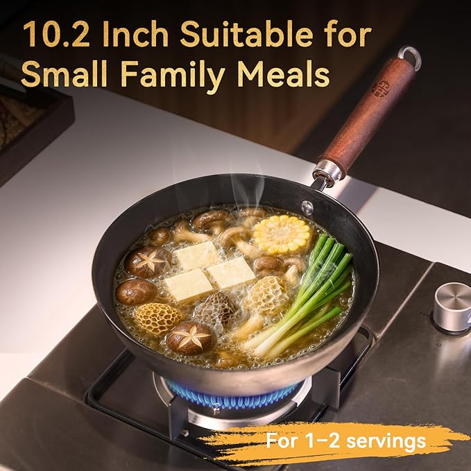 WANGYUANJI 10.2 Inch Cast Iron Wok with Lid, Flat Bottom Small Stir-Fry Pan with Wooden Handle, Uncoated Cast Iron Skillet for Gas, Induction and Electric Stovetops