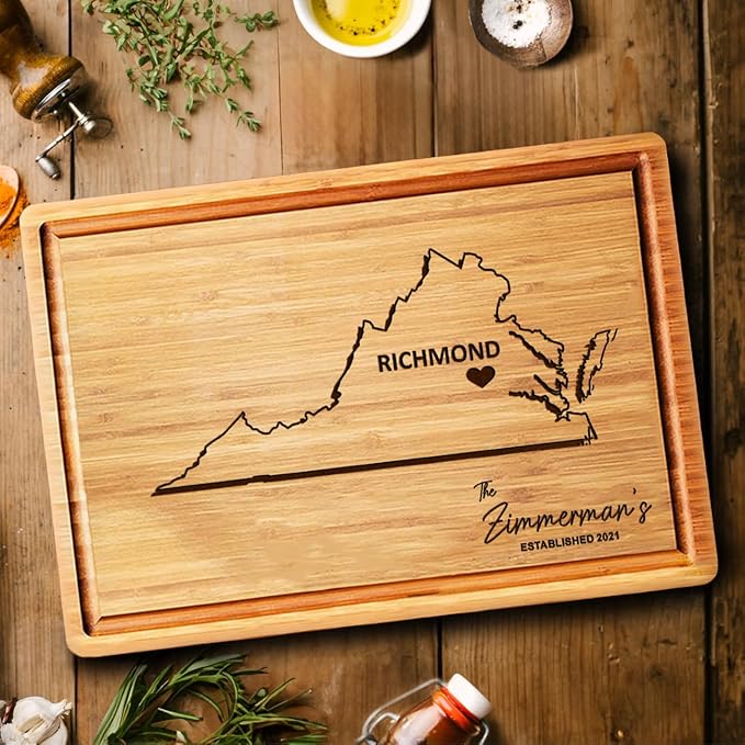 Virginia Cutting Board, Personalized Wooden States Decor, Bamboo Destination Souvenirs, State Shaped Famiy Long Distance Gifts, Virginia Beach Gifts