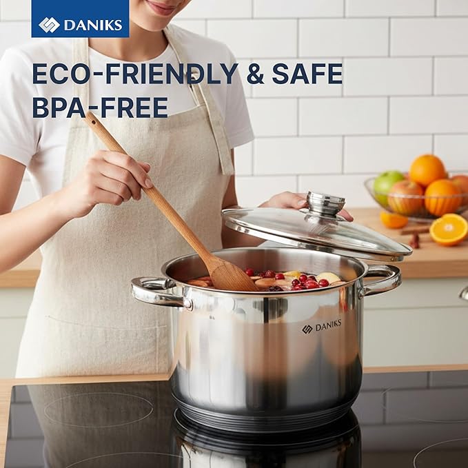 Daniks Standard 10 Quart Stainless Steel Stock Pot with Glass Lid, Tri-Ply Bottom for Even Heating, Induction Compatible, Dishwasher Safe, Built-In Measuring Scale, Silver