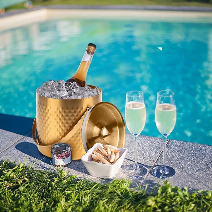 3L Double-Wall Insulated Stainless Steel Ice Bucket with scoop for Cocktail Bar - Metal Ice Bucket for freezer with Lid for parties,Camping,and More!champagne bucket,bar cart accessories(gold)