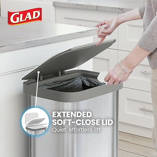 Glad Stainless Steel Step Trash Can, Series 2 with Clorox Protection - Large Metal Kitchen Garbage Bin with Soft Close Lid, Foot Pedal and Waste Bag Roll Holder, 20 Gallon