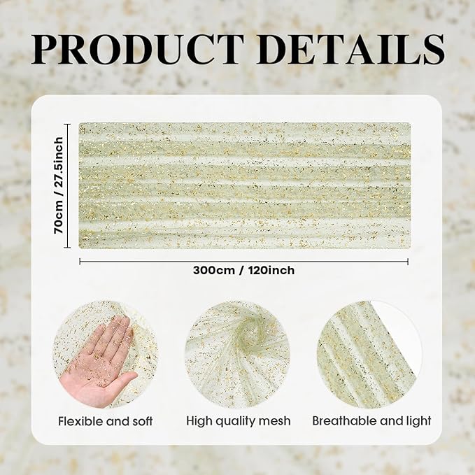 Artoid Mode 10PCS Sage Green Gold Gauze Table Runner 120 Inch 10FT, Glitter Metallic Foil Sheer Dining Wedding Anniversary Holiday Birthday Table Decor for Home Party