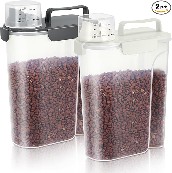 5-7Lbs Cat Dog Storage Container, Portable Pet Food Containers with Upgraded Large Spout and Cup, Small Animal Kibble Dispenser for Bird Seed, Oatmeal, Rice, Flour (White & Black)