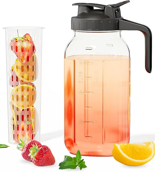 64oz Mason Jar Pitcher with Fruit Tea Infuser – Airtight & Leakproof Glass Pitcher with Lid, Perfect for Iced Tae, Sun Tea and Cold Brew, 2 Quart (1/2 Gallon) Wide Mouth Mason Jar with Pour Spout Lid