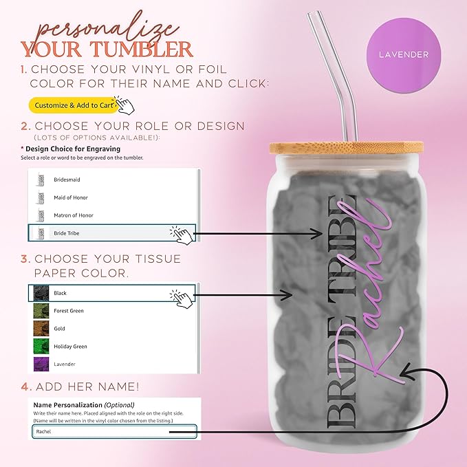 Elegant Frosted Tumbler For Bridesmaid Gifts, Personalized Glass Cup For Bridal Party Wedding Favors, Maid of Honor Cups for Bachelorette Party (FW1) (Lavender Gloss)