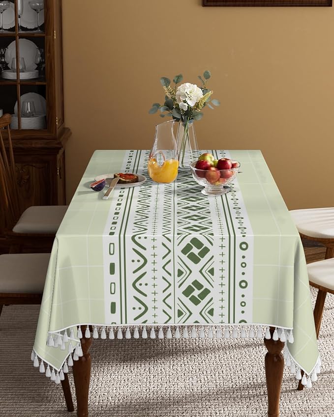 Checkered Tablecloth Rectangle 55''x 90'', Heavy Weight Bohemian Linen Gingham Table Cloth with Tassels, Washable Wrinkle Free Plaid Farmhouse Dining Table Cover for Picnic Kitchen Outdoor, Green
