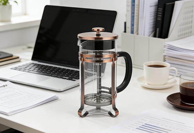 Coffee Maker304 Stainless Steel French Press with 4 Filter, Heat Resistant Durable, Borosilicate Glass Coffee Press, 100% BPA Teapot, 21 ounce, copper