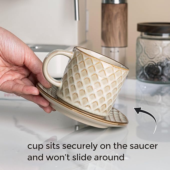 GBhome 6OZ Stackable Coffee Mugs with Stand and Saucer, Ceramic Coffee Mugs Set of 4 with Texture Patterns for Man,Woman,Dad,Mom, Modern Coffee Cups for Latte/Espresso. Dishwasher&Microwave Safe