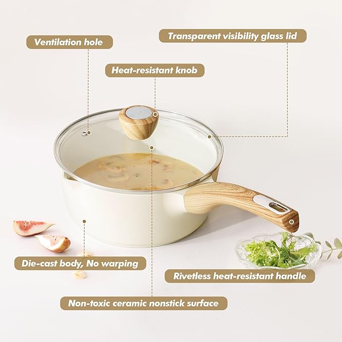 SENSARTE Ceramic Nonstick Sauce Pan with Lid, 2.0 Quart Small Saucepan, White Cooking Pot with Stay Cool Handle, Non toxic Kitchen Sauce Pot, Non stick Small Pot, Induction Pot, PFOA PTFE PFAS Free