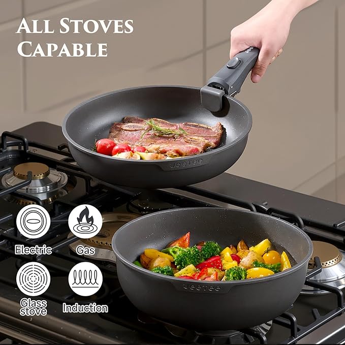 JEETEE 20 Pcs Pots and Pans Set Non Stick, Titanium Reinforced Nonstick Cookware Set with Detachable Handle, Induction Kitchen Cookware Sets, Oven Safe & Space Saving for RV Camping