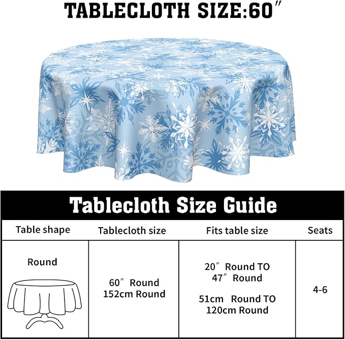 Blue Christmas Round Tablecloth 60 Inch Winter Snowflake Blue and White Table Cloth Round Xmas Holiday Table Cover for Kitchen Dinner Home Decor