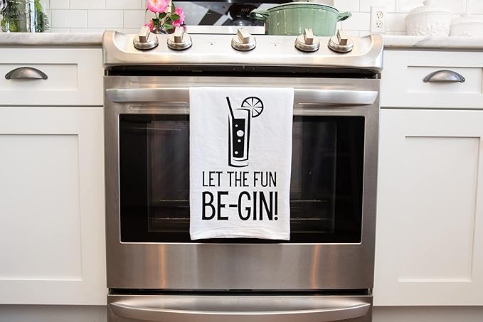 Handmade Funny Kitchen Towel - 100% Cotton Gin and Tonic Hand Bar Towels for Kitchen - 28x28 Inch Perfect for Hostess Housewarming Christmas Mother’s Day Birthday Gift (Let the Fun Begin)