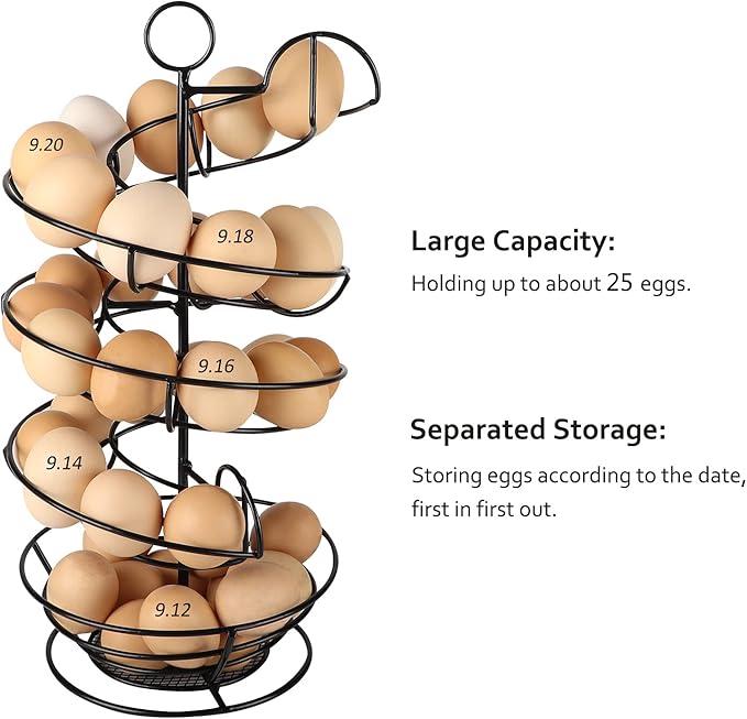 QUTREY Black Metal Egg Skelter with Storage Basket, Spiral Design Egg Holder for Large Egg for Countertop, Kitchen