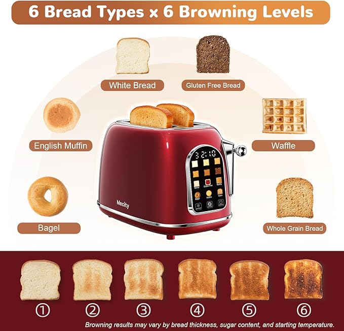 Mecity Toaster 2 Slice, Touch Screen Wide Slot Retro Toaster For Breads Bagel Muffin Waffle, House Warming Gift New Home, 120V 825W, Red Pearl