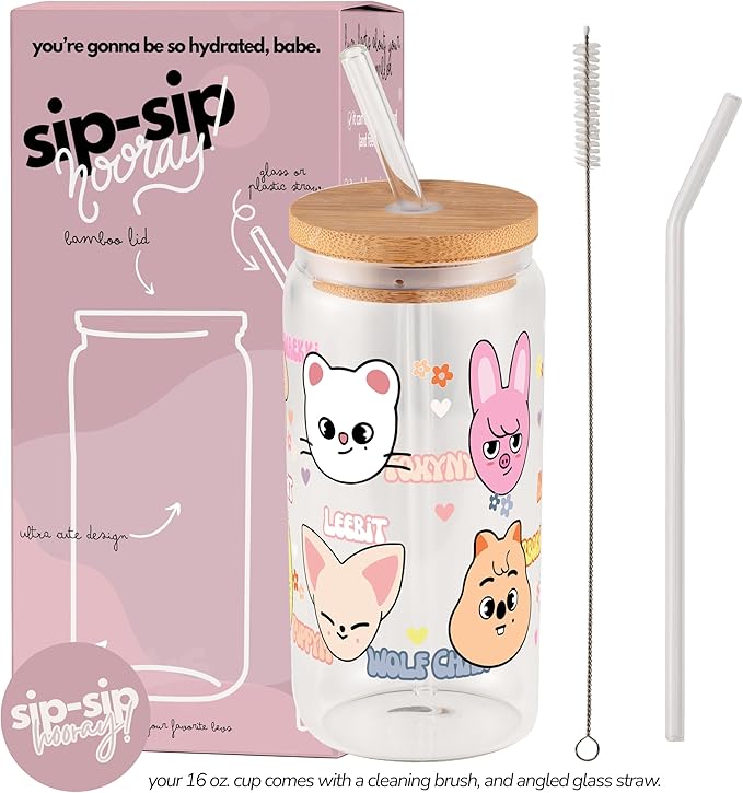 Sip-Sip Hooray! Skzoo Kpop Glass Tumbler with Lid and Straw, 16oz Iced Coffee Cup, Stray Kids Merch, Reusable Glass Cup, Cute Soda Can Lids with Straw, Gift for Fans and Teens