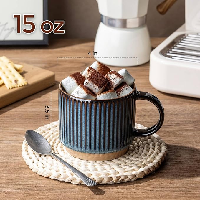 GBhome 15OZ Stackable Coffee Mugs, Ceramic Coffee Mugs with Texture Patterns for Man,Woman,Dad,Mom, Modern Coffee Mugs Set of 4 for Latte/Cappuccino/Cocoa. Dishwasher&Microwave Safe,