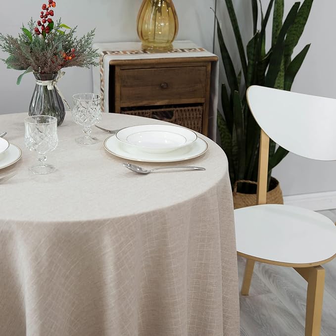 Textured Tablecloth Linen-Look Rustic Burlap Stlye Washable Solid Heavy Weight Lace Trim Fabric Table Cloth,Table Cover for Kitchen Dinning Tabletop Decoration 108 in Round Beige