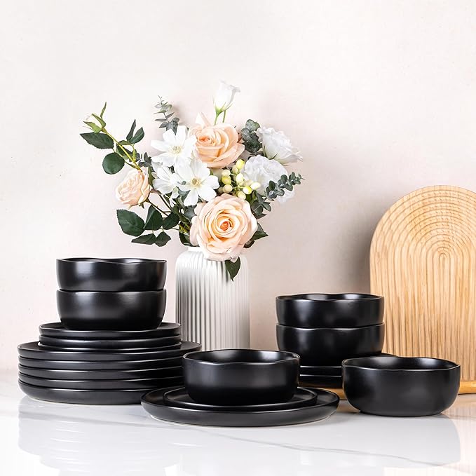 AmorArc Ceramic Dinnerware Sets, Wavy Rim Stoneware Plates and Bowls Sets,Dishwasher & Microwave & Oven Safe Dishes set, Service for 6 (18pc)-Matte Black