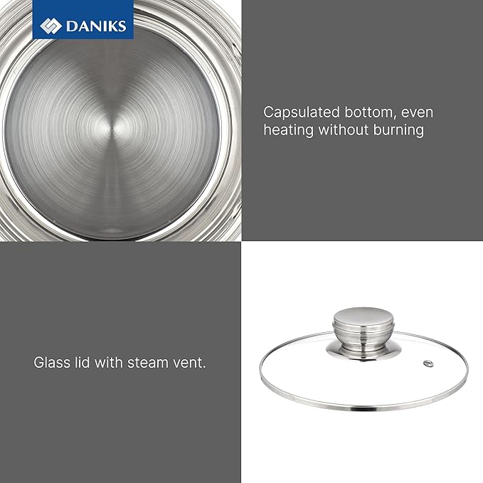 Daniks Standard 10 Quart Stainless Steel Stock Pot with Glass Lid, Tri-Ply Bottom for Even Heating, Induction Compatible, Dishwasher Safe, Built-In Measuring Scale, Silver