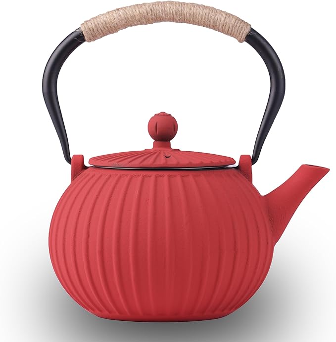 Japanese Tetsubin Cast Iron Teapot 40oz（1200ML) - Enamel Coated Interior & Removable Stainless Steel Infuser, Stovetop Safe Kettle for Tea Ceremony (red)