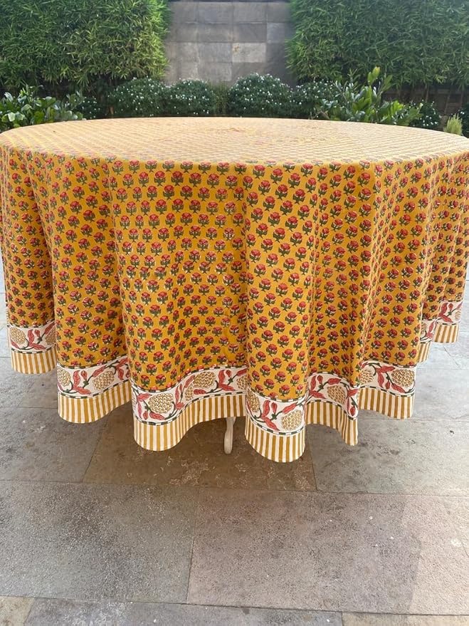 Ridhi Block Print Round Mustard Yellow Reusable Tablecloth 100% Cotton 120" Inch Decorative Table Cover eveyday Dining, Home, Party, Wedding, Farmhouse Gift for Spring, Easter, Valentine