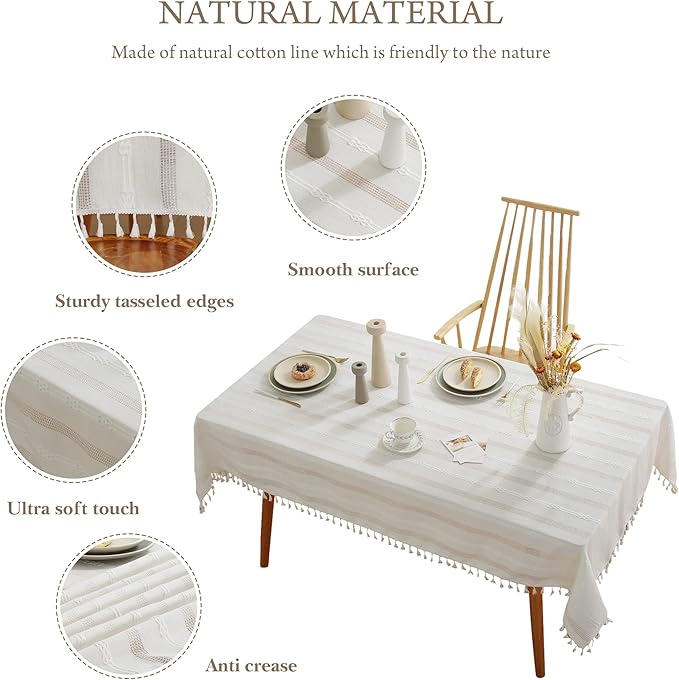 Pahajim Striped Tablecloth Rectangle with Tassels Thick Linen Cotton Table Cloth for Outdoor Picnic Dining and Holiday Kitchen Decor Rectangle/Oblong,55''x71'', 4-6 Seats