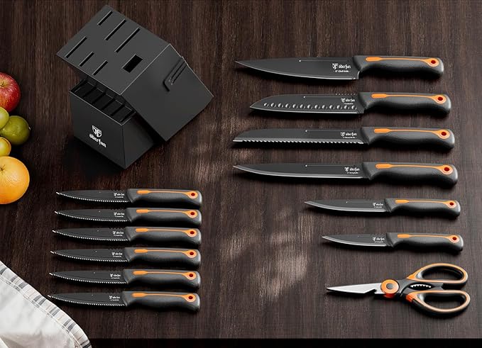 Knife Block Set -15 PCS Dishwasher Safe Kitchen Knife Set, High Carbon Stainless Steel, Razor-Sharp knives set with sharpener, Non-Slip Handles, Elegant Box for Christmas,Black