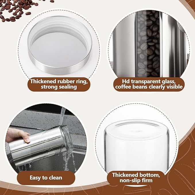 Suclain Stainless Steel Coffee Grounds Canisters with Shelf 3 x 50oz Sugar Coffee Bean Storage Container with Airtight Threaded Lid, Glass Window, Scoop Kitchen Storage Jar Set for Bar Creamer Nut Tea
